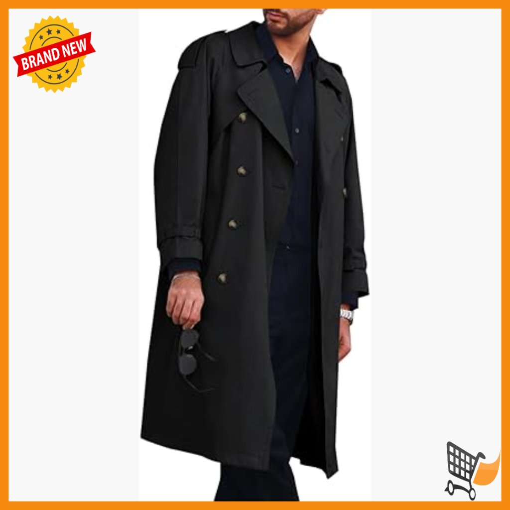 Men's Trench Coat Double Breasted Long Jacket Belted Overcoat Windbreaker